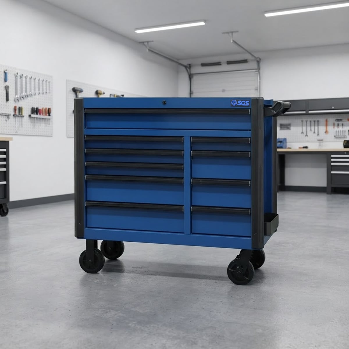 SGS 44in Roller Cabinet with Top Hutch and Side Cabinet- 10 Drawers- Blue